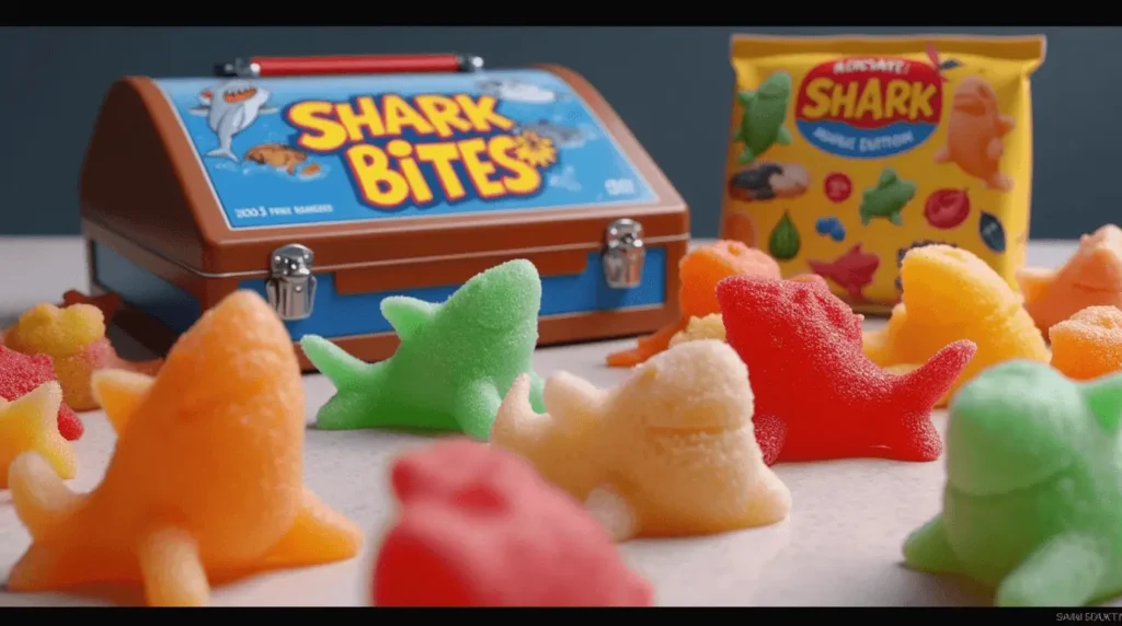 A collection of Shark Bites fruit snacks from different years, showcasing their evolving shapes, colors, and packaging.
