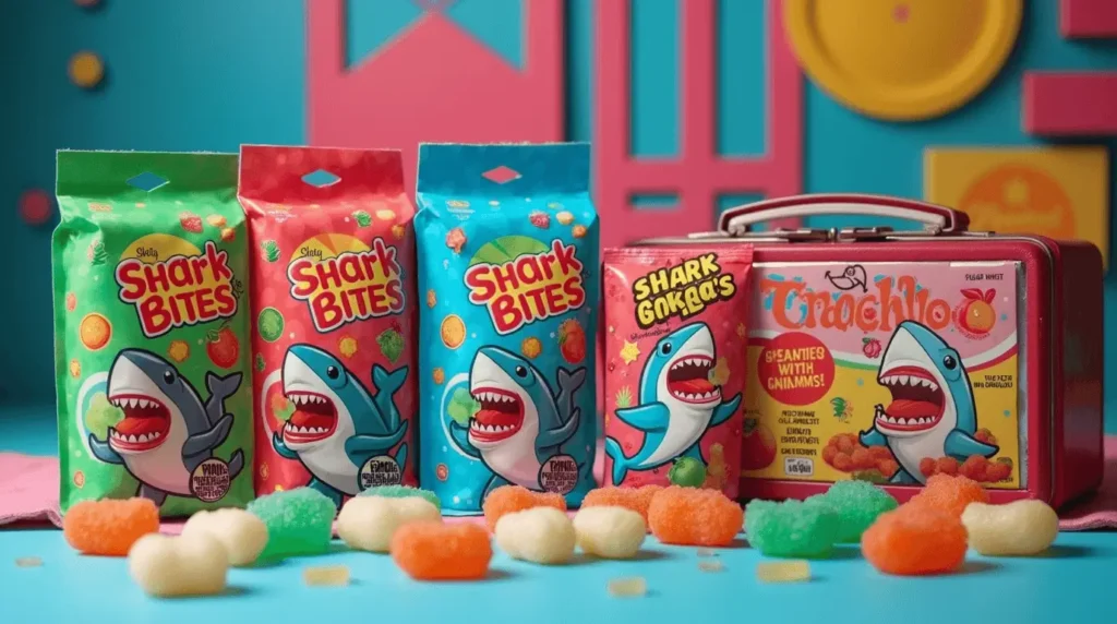 A colorful assortment of Shark Bites fruit snacks from the 90s, featuring their iconic shark shapes and vibrant packaging.