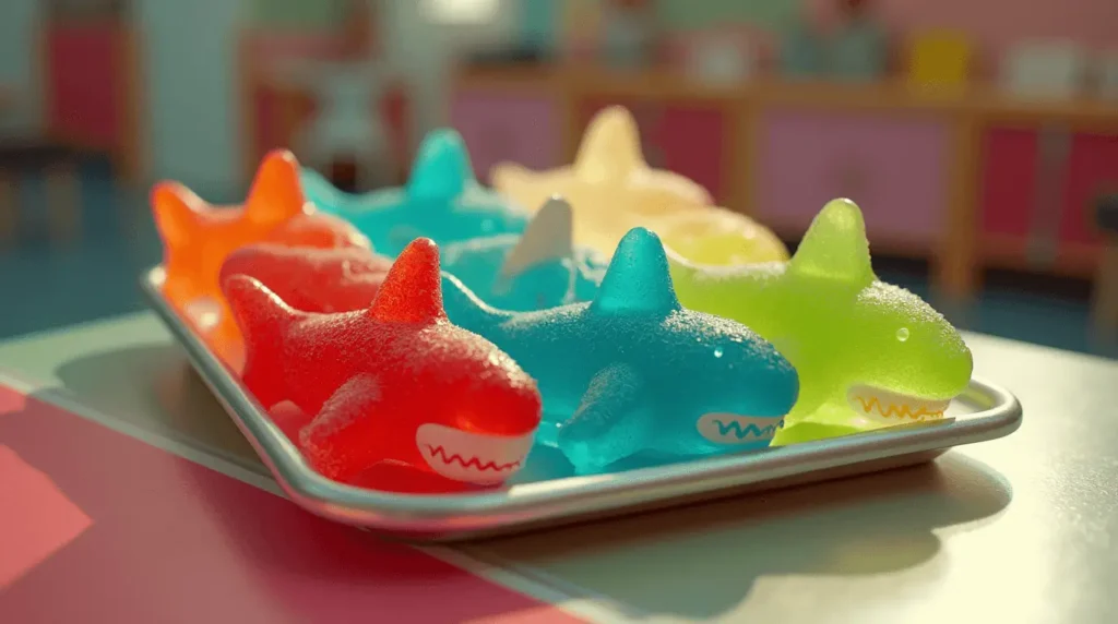 A vintage pack of Shark Bites fruit snacks from the 90s, showcasing colorful shark-shaped gummies in nostalgic packaging.