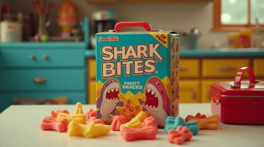 A retro box of Shark Bites fruit snacks from the 90s, highlighting General Mills’ innovative shark-shaped gummies.