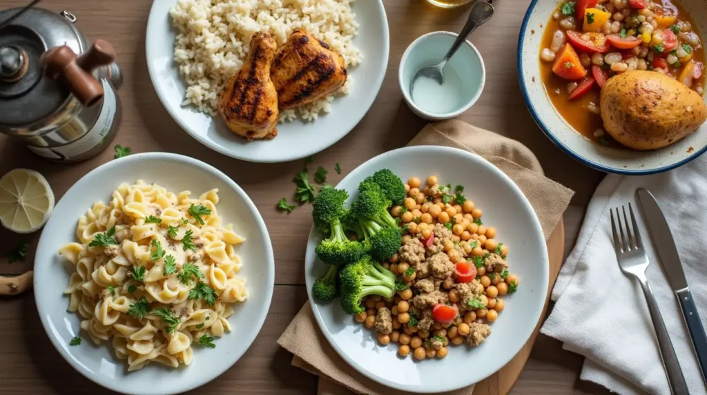A colorful spread of easy, budget-friendly meals like tacos, pasta, fried rice, and vegetable soup on a kitchen table.