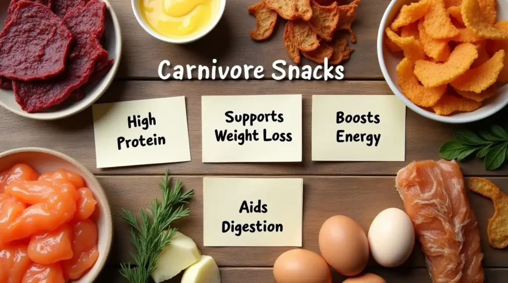 A selection of carnivore snacks with nutrition labels highlighting high protein and zero carbs.
