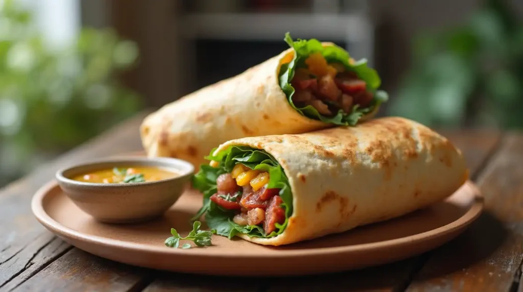 A variety of quick vegetarian lunch options arranged on a table, including wraps, bowls, and salads with different toppings.