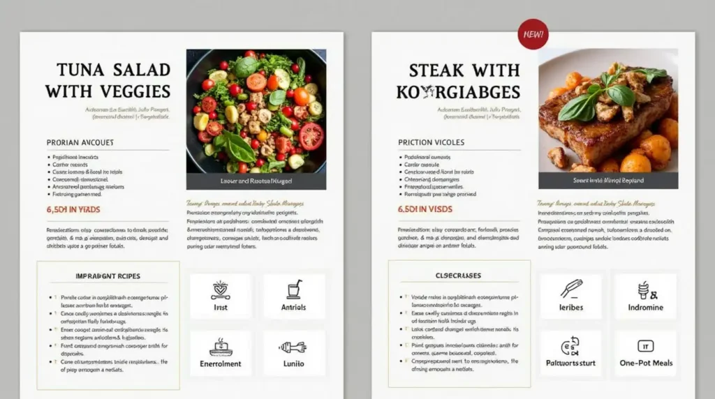 A variety of easy dinner recipes, including pasta, grilled chicken, and a one-pot vegetable stir-fry, displayed on a dining table.