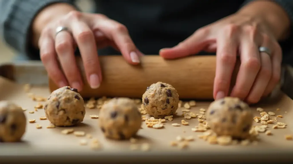 Close-up of ingredients for no-bake energy bites, including oats, peanut butter, honey, chia seeds, and chocolate chips.