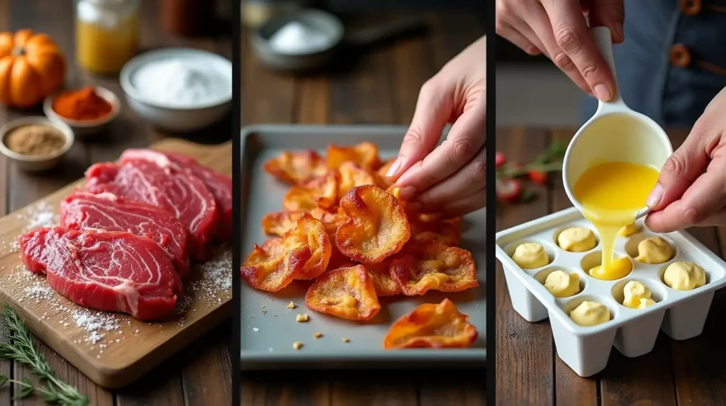 Homemade carnivore snacks like beef jerky and dried liver on a wooden board beside seasoning and a dehydrator.