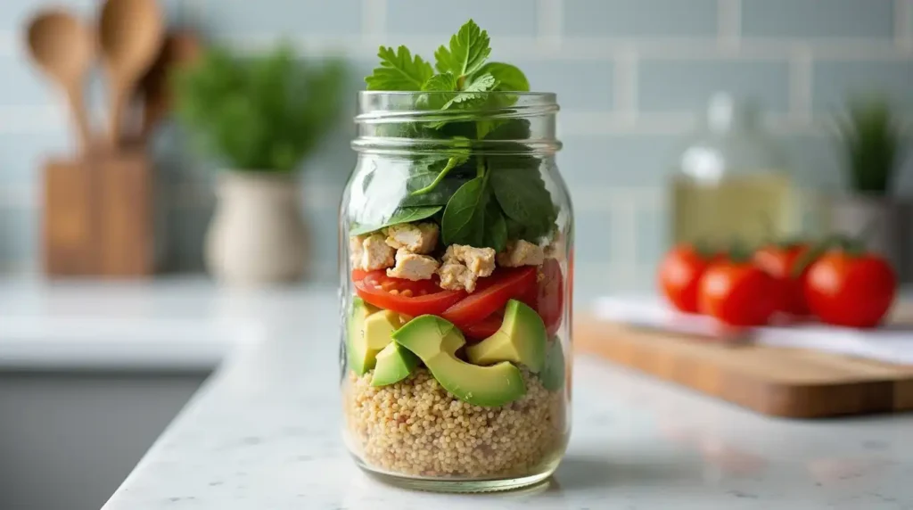 Step-by-step process of making a healthy 15-minute meal, with chopped vegetables, sauté pan, and plated dish.