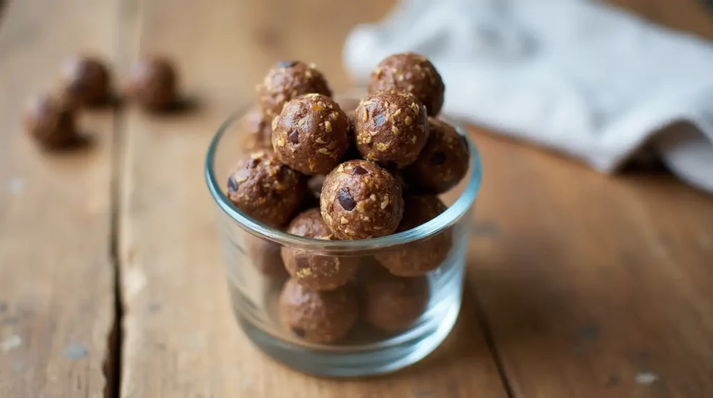 Hands rolling no-bake energy bite mixture into round balls on a parchment-lined tray.
