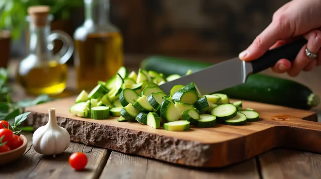 Step-by-step photos of cooking a healthy dinner, including chopping vegetables, sautéing chicken, and plating a colorful meal.