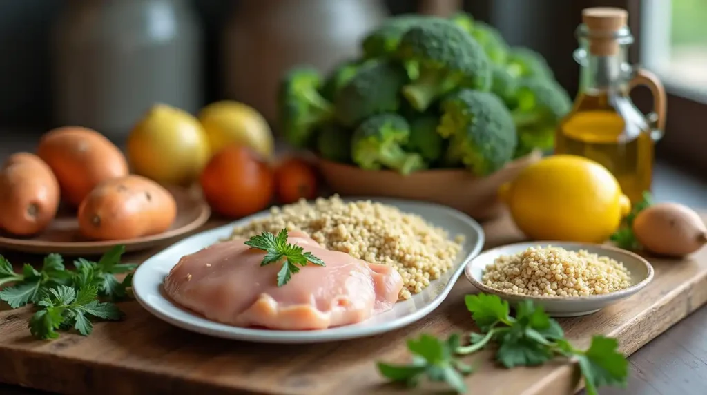 A variety of fresh ingredients including leafy greens, grains, lean proteins, and healthy fats displayed on a kitchen counter.