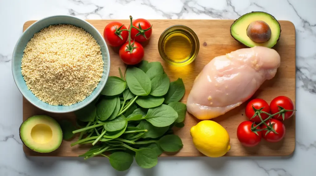 Fresh and colorful ingredients for healthy 15-minute meals, including vegetables, grains, and lean protein on a wooden counter.
