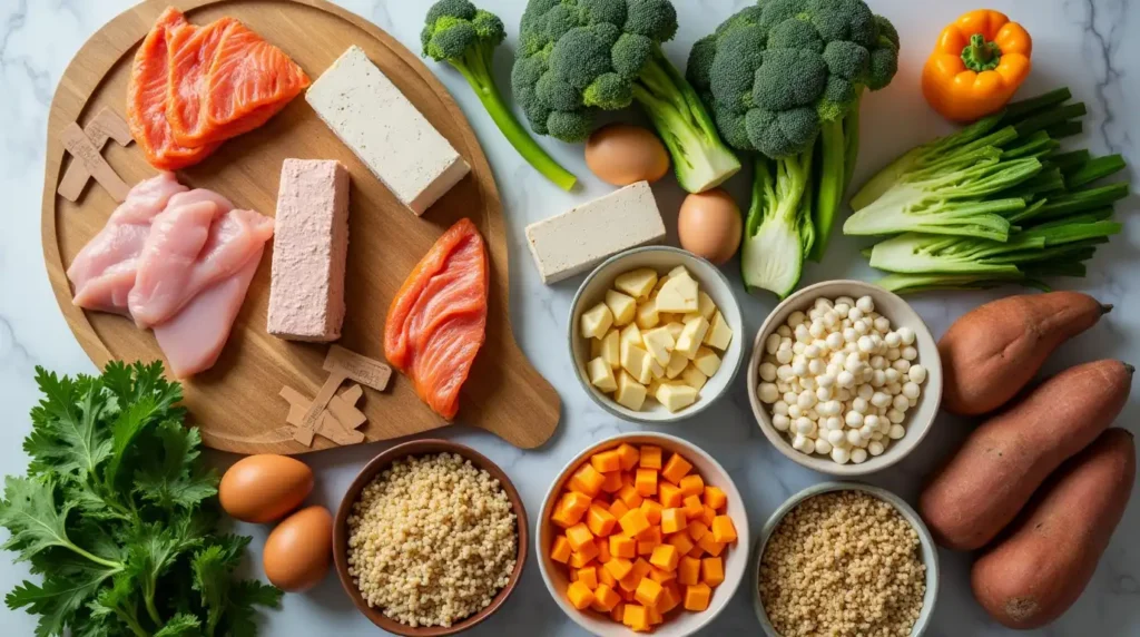 A countertop filled with essential ingredients for quick and easy dinners, including pasta, canned beans, vegetables, and spices.
