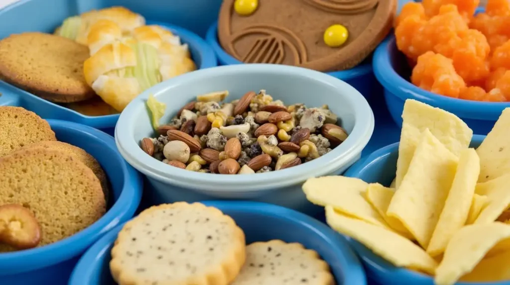 A variety of popular snacks from Spanish-speaking countries, including empanadas, churros, arepas, and tapas, displayed on a festive table.
