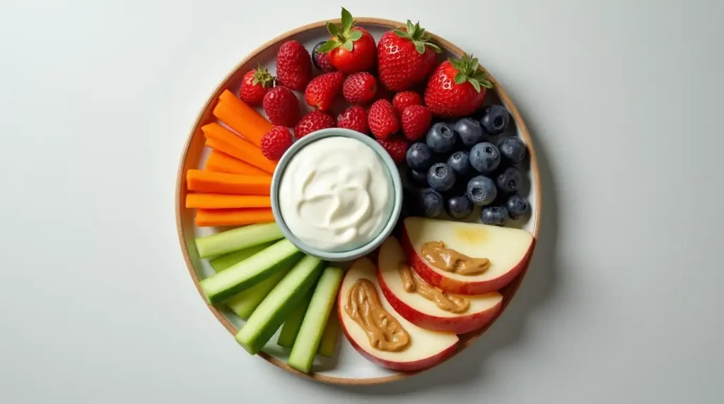 Hands preparing healthy snacks with ingredients like sliced vegetables, yogurt, and nuts on a wooden kitchen counter.