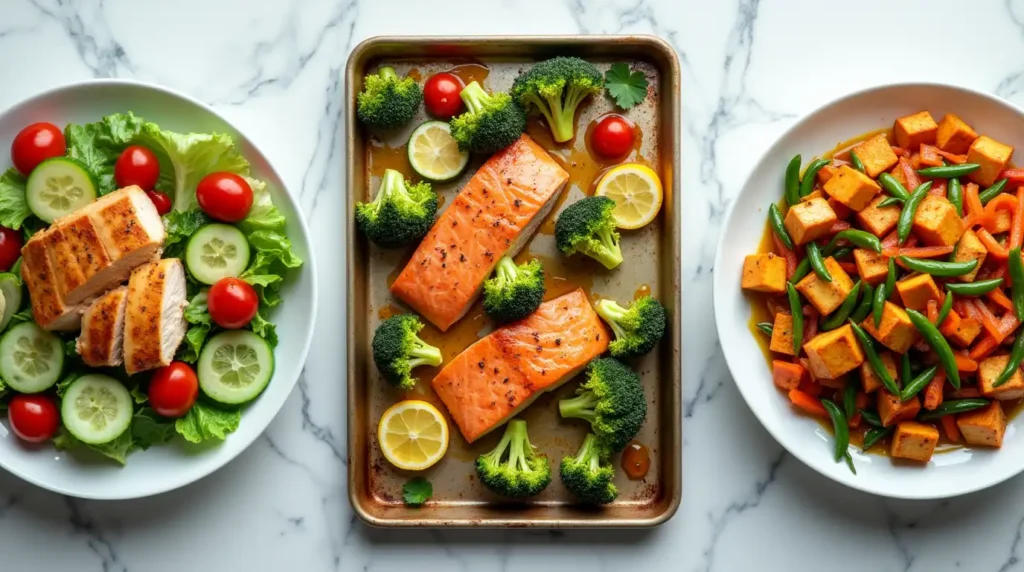 A variety of quick and easy dinner recipes, including pasta, stir-fry, and sheet pan chicken, served on a dining table.