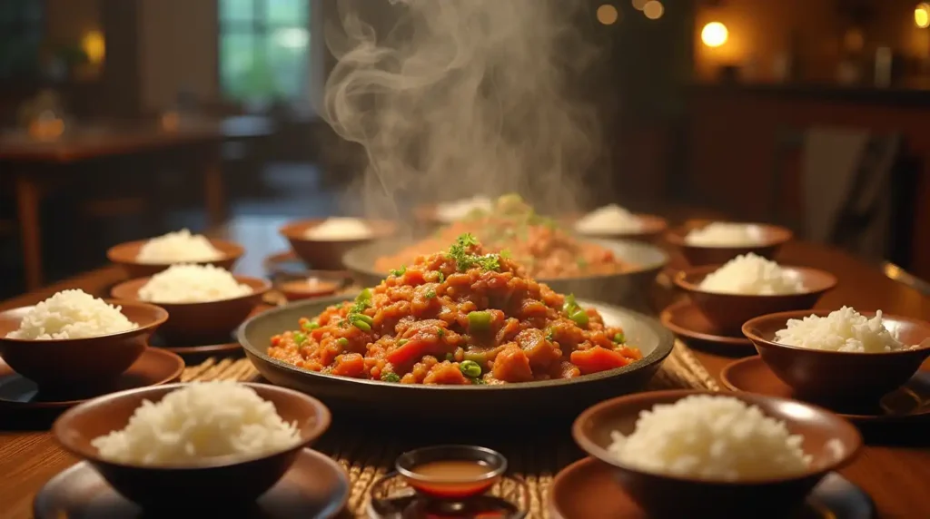 Customizable stir-fry with a variety of vegetables, proteins, and sauces in a pan
