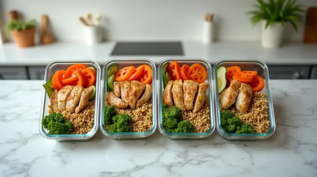 Step-by-step preparation of a healthy meal showing chopped vegetables, grains cooking, and a plated dish.