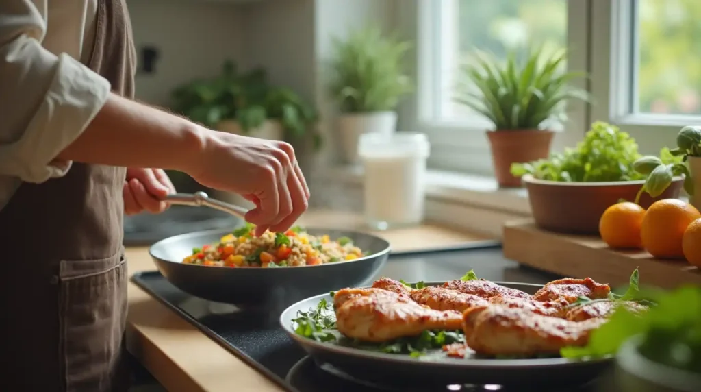 Assorted healthy meal options with suggested ingredient swaps and cooking tips on a kitchen counter.