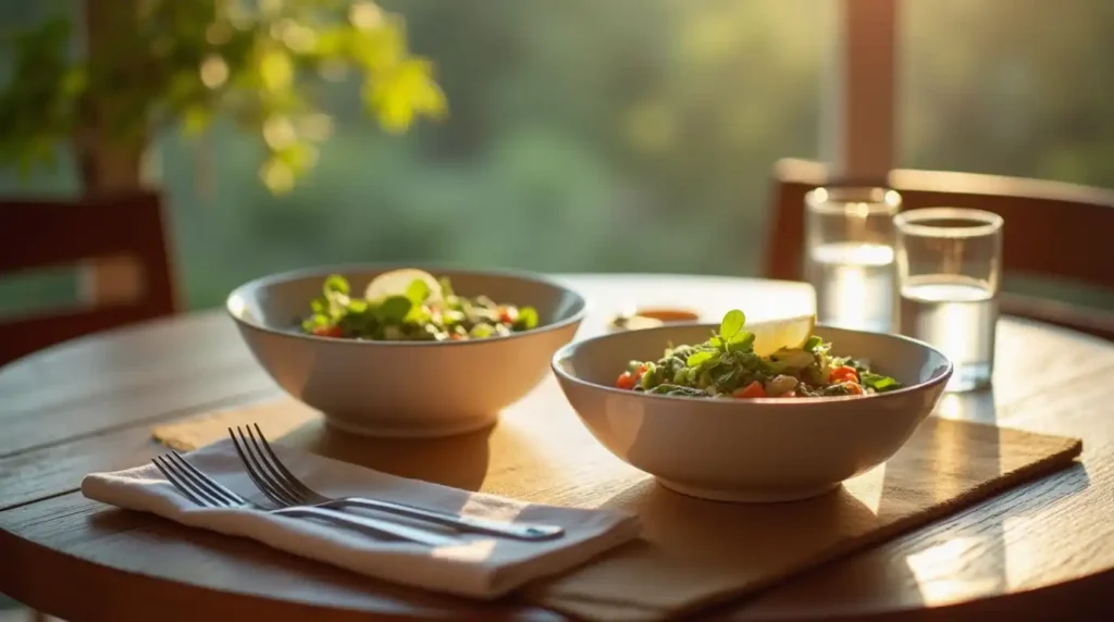 Assorted quick healthy dinner plates with ingredient swaps and seasoning variations shown around them.