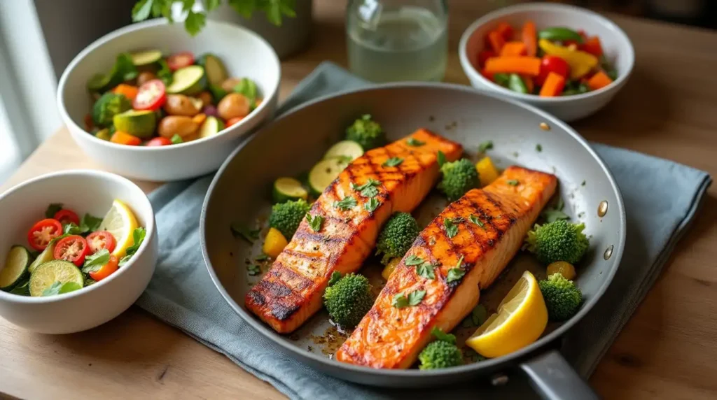 A busy person preparing a quick, easy dinner in a kitchen with minimal ingredients.