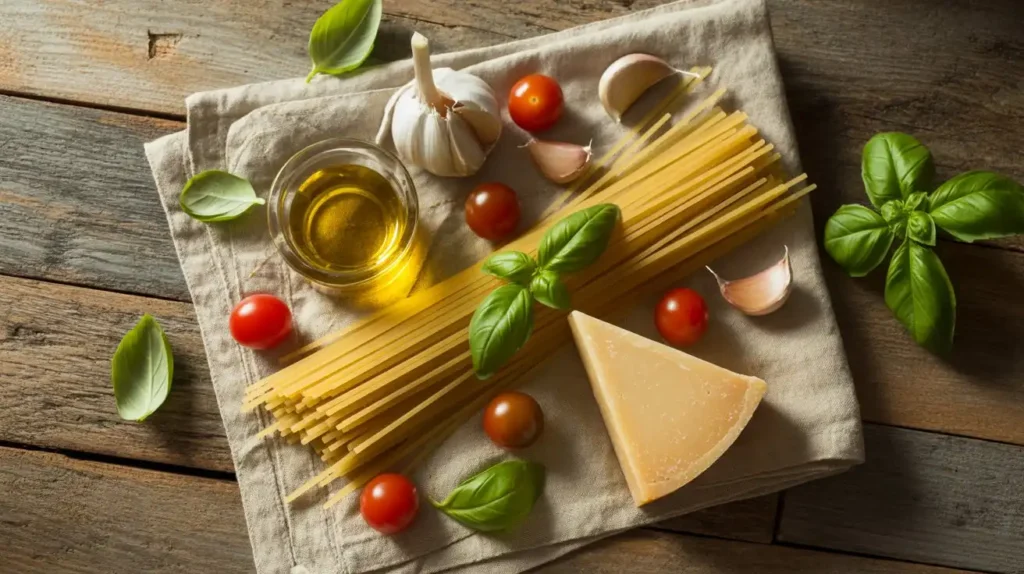 A bowl of pasta surrounded by ingredients like chili flakes, parmesan, garlic, and herbs showing optional flavor boosters and toppings.