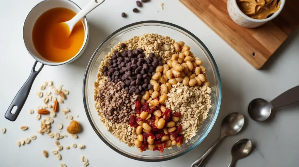 Ingredients for homemade granola bars including oats, honey, nuts, seeds, and dried fruits arranged on a kitchen counter