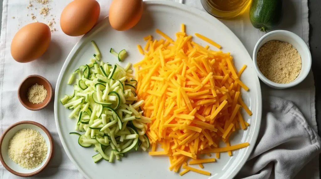 Overhead view of fresh snack ingredients including grated zucchini, cheddar, breadcrumbs, and eggs on a kitchen counter.