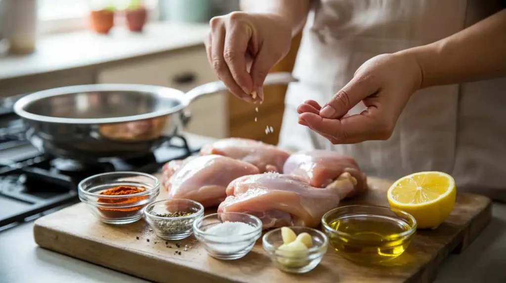 Step-by-step process of cooking a fast chicken recipe in a skillet with herbs, garlic, and lemon.
