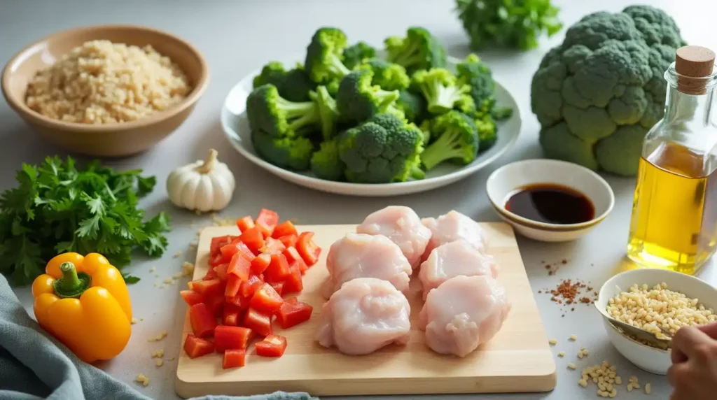 Healthy ingredients on a kitchen counter with smart substitutes like Greek yogurt, quinoa, and almond flour.