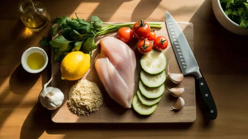 Fresh ingredients for a healthy lunch including cherry tomatoes, avocado, quinoa, and leafy greens on a wooden table