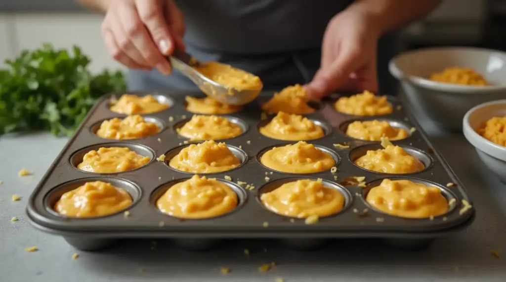 Hands filling a muffin tin with cheesy zucchini snack mixture, prepping for baking.