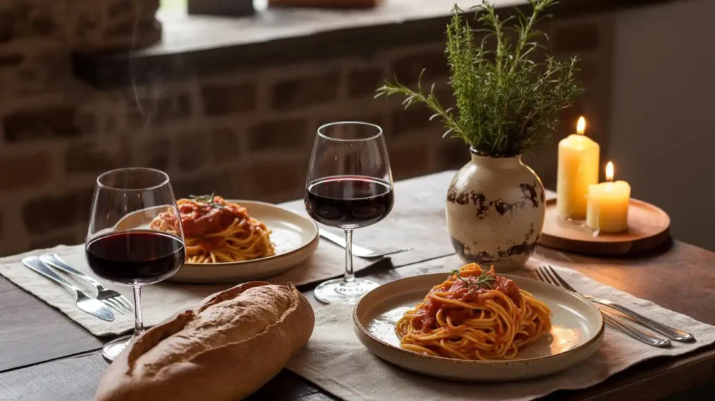 A healthy homemade pasta dish served in a bowl, with labeled nutrition facts like calories, protein, fiber, and healthy fats on the side.