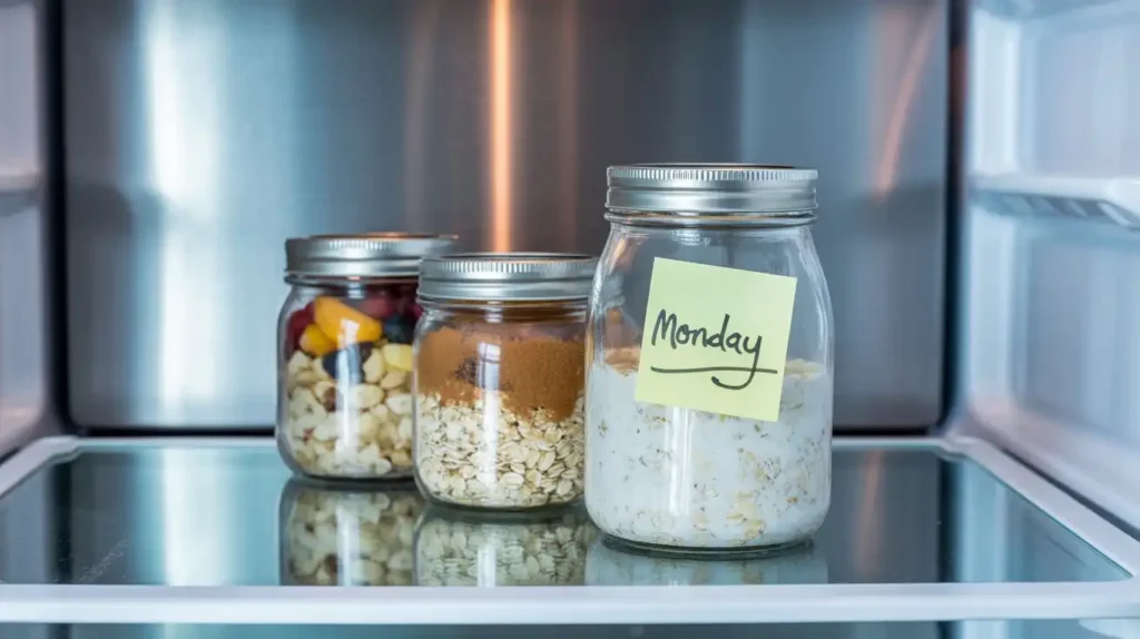 Jars of overnight oats on a refrigerator shelf with handwritten labels