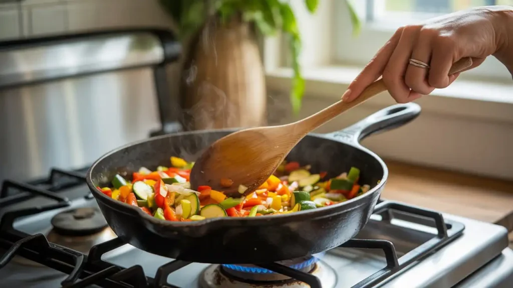 Fresh vegetarian meal ingredients including zucchini, bell pepper, onion, garlic, quinoa, and herbs on a rustic kitchen counter