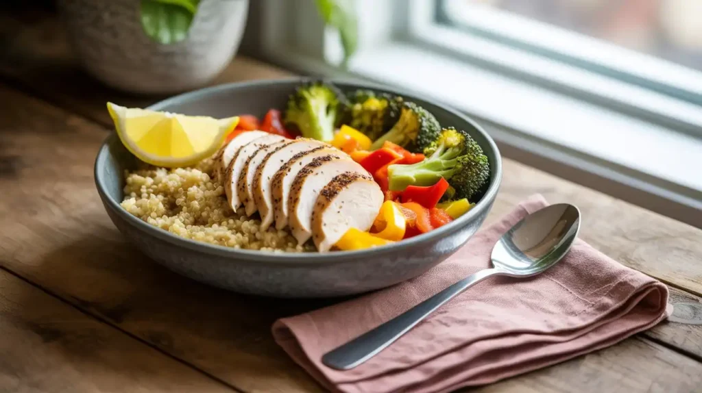 Realistic home-style meal prep bowl on rustic wooden table