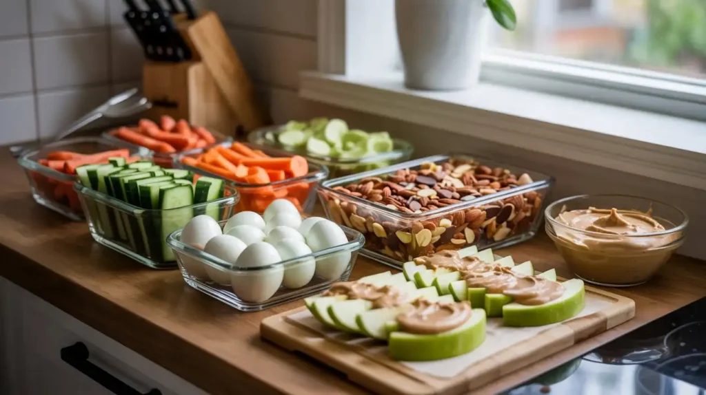 Healthy snack ingredients like almonds, Greek yogurt, berries, and whole-grain crackers laid out on a kitchen counter.