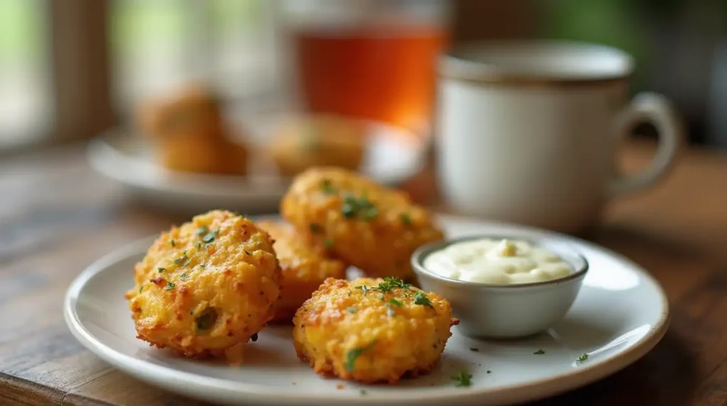 Three baked snack bites served with a garlic dipping sauce and fresh garnish on a snack plate.