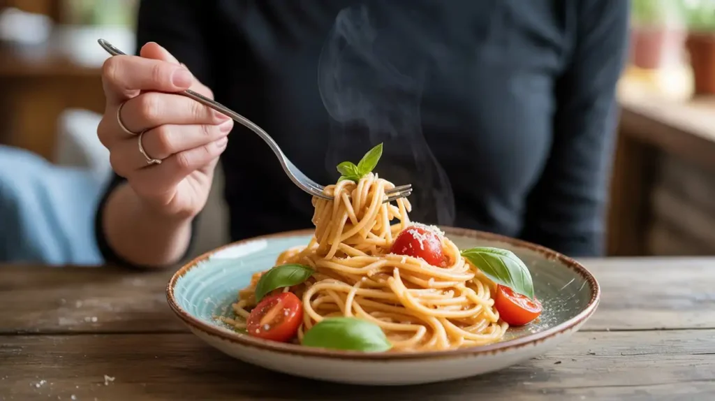 Step-by-step images showing pasta being boiled, sautéed with garlic and tomatoes, then served with fresh herbs.