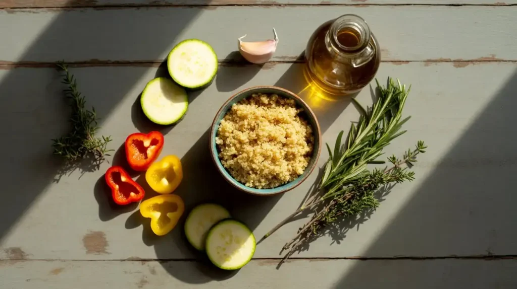 Person cooking a quick vegetarian meal in a skillet with fresh vegetables and grains on the stove
