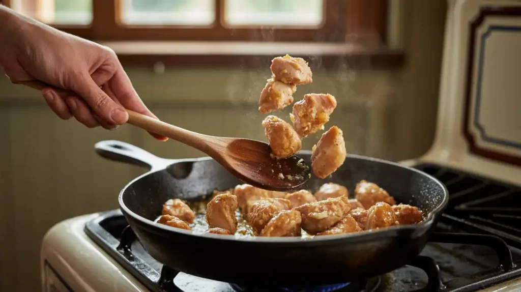 Chicken pieces cut into even, bite-sized cubes on a cutting board.