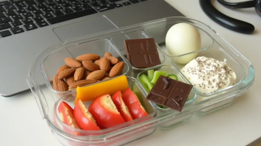 A colorful assortment of healthy snacks in portioned containers—fruit skewers, trail mix, yogurt parfaits, veggie chips, and dips on a rustic table.