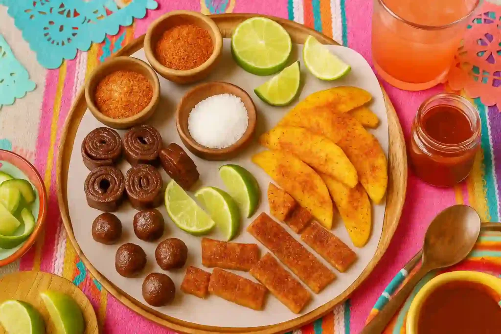 Colorful candy fiesta board with assorted Mexican treats arranged on a wooden platter.