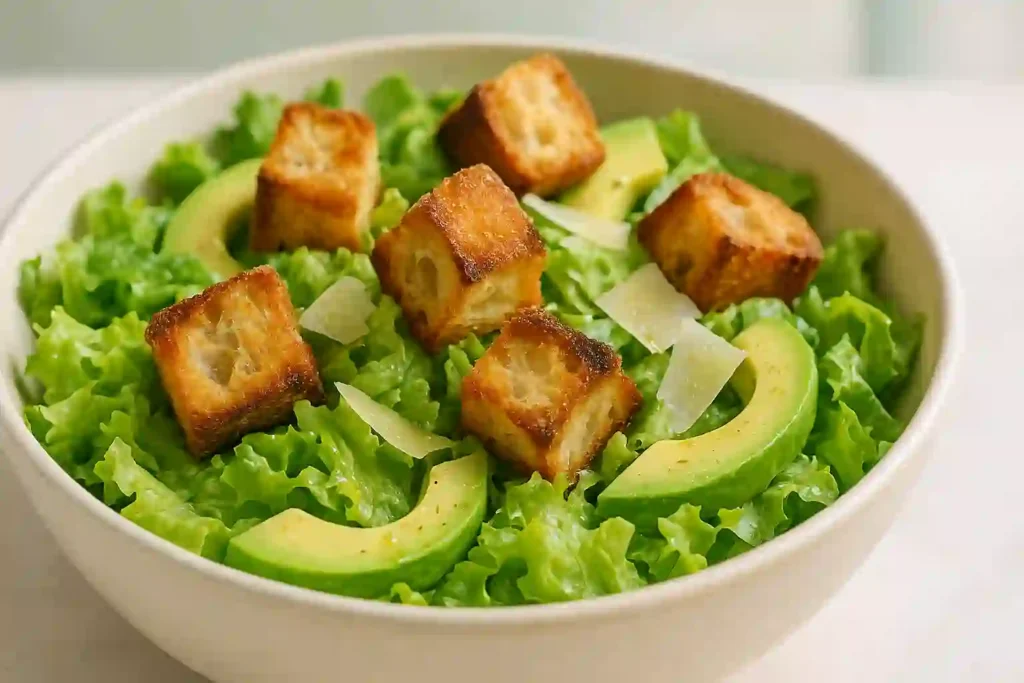 Golden sourdough croutons on a fresh green salad with lettuce, cherry tomatoes, and a light vinaigrette.