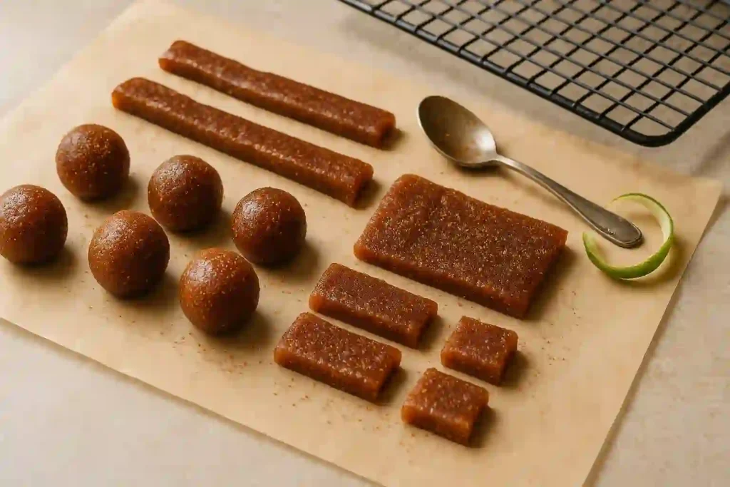 Freshly shaped Mexican tamarind candies cooling on a parchment-lined tray.