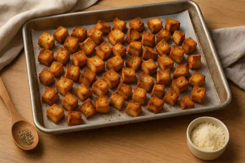 Golden brown sourdough croutons baked on a parchment-lined sheet pan.