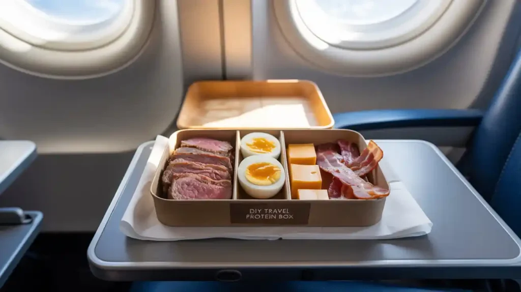 A compact travel-friendly protein snack box filled with boiled eggs, cheese cubes, turkey roll-ups, almonds, and sliced veggies, ready for a healthy trip.
