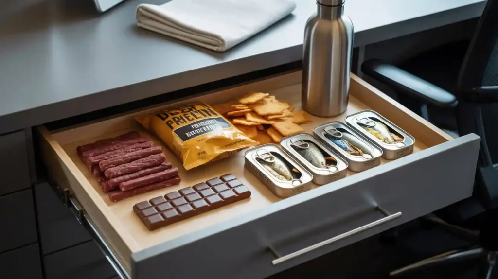 A neatly organized desk drawer containing high-protein snacks like jerky, protein bars, nuts, and shaker bottle—perfect for office hunger emergencies.