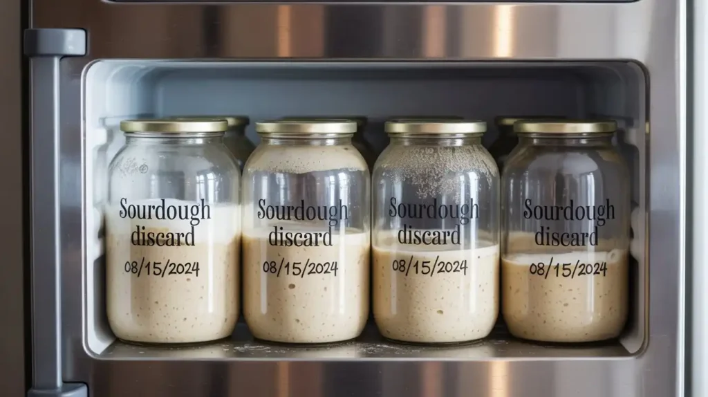 Freshly baked muffins, crackers, and pancakes made from sourdough discard, arranged on a rustic wooden table with a labeled jar of discard in the background.