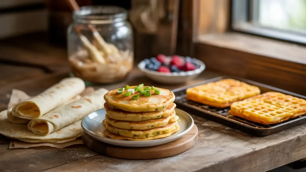 A stack of fluffy sourdough pancakes topped with melting butter and maple syrup on a ceramic plate, with a fork and a jar of sourdough discard in the background.