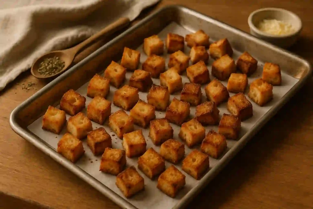Freshly baked sourdough croutons cooling on a wire rack, golden and crisp.